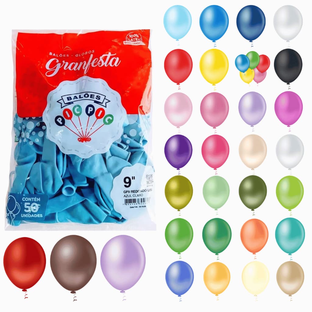 Kit 50 Unidades Balão Bexiga 9" Polegadas Diversas Cores Linha Granfesta Pic Pic