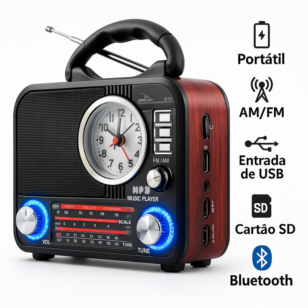 Rádio Retro Vintage Premium Am Fm Usb Aux Sd Bluetooth Recarregável Antena Analogico Luxo