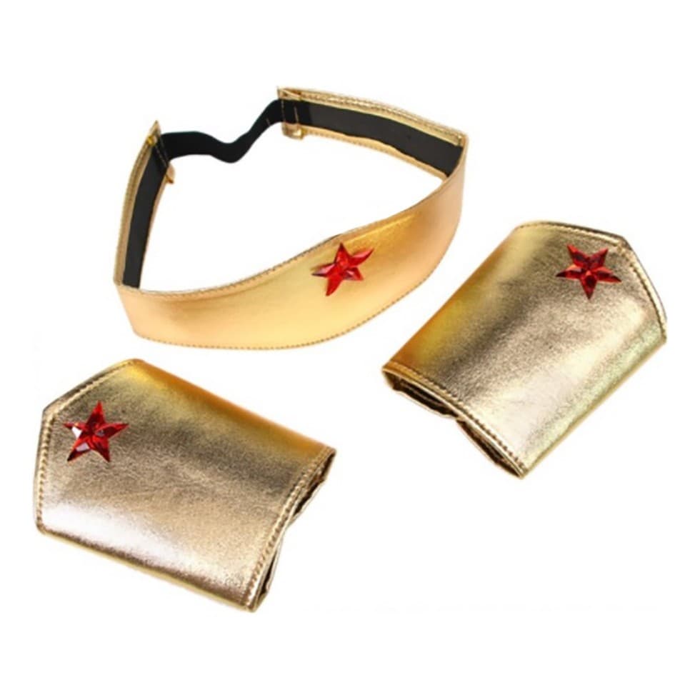 Fantasia Bracelete + Tiara Dourada Mulher Maravilha Heroína Carnaval Haloween Aniversário