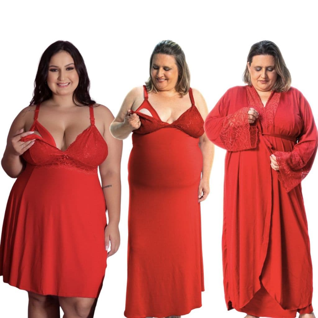 Kit Camisola Amamentação Longa e Curta e Robe Longo Plus Size Gestante Pós Parto Conforto