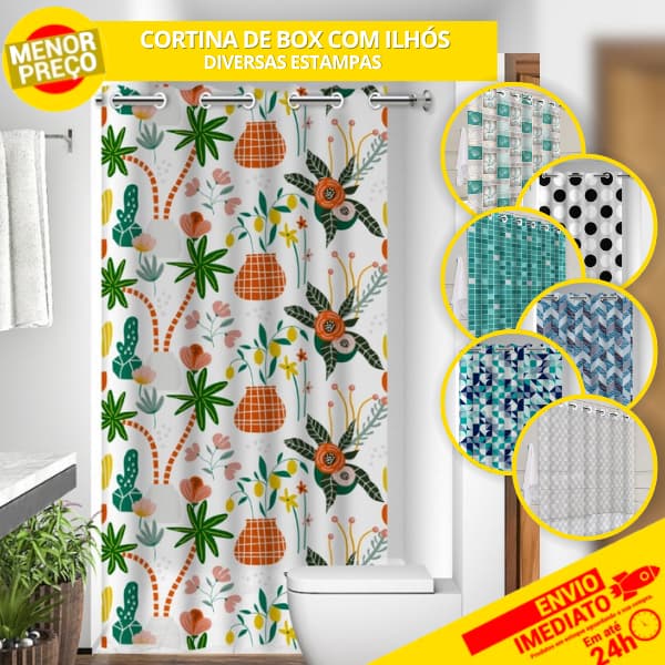 Cortina de Box para Banheiro c/ Ilhós Anti Mofo Resistente Alta Qualidade 100% PVC - Várias Estampas