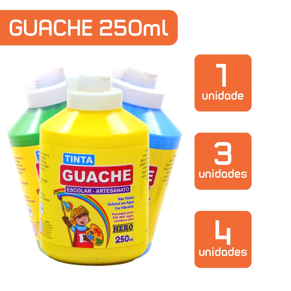 Tinta Guache Escolar 250ml - Marca HERO - Escolha as Cores