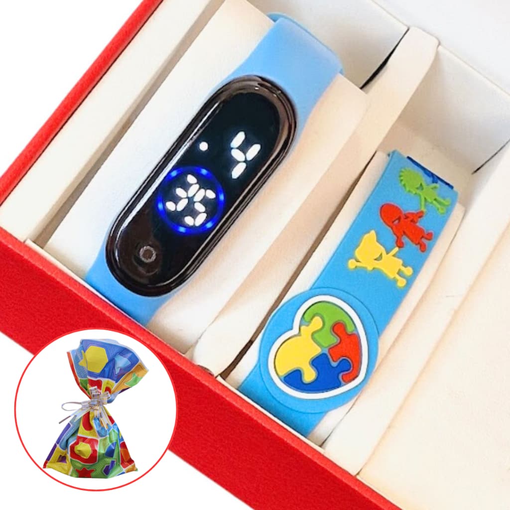 Pulseira de Identificação Autismo Autista Infantil Silicone +  Relógio Infantil Adulto Digital Led à prova D'água