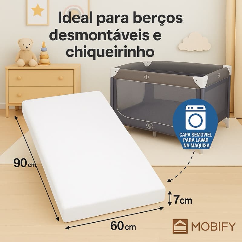 Colchão Para Berço Desmontável Chiqueirinho Cercadinho Capa Removível 90x60x07cm Macio