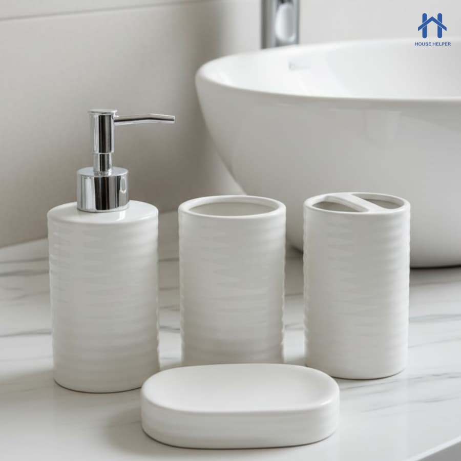 Kit de Banheiro em Cerâmica 4 Peças Porta Sabonete Líquido/Saboneteira/Porta Escova/Porta algodão