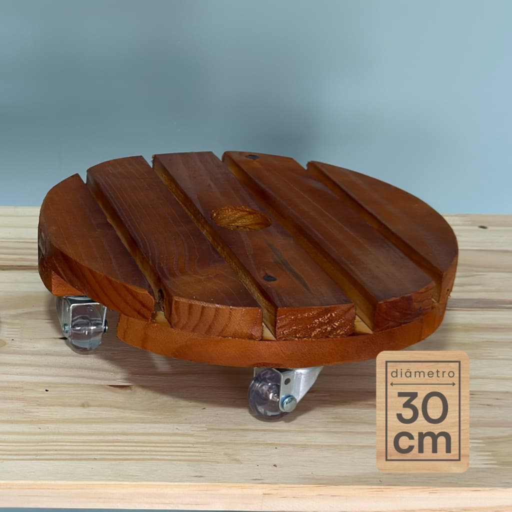 Suporte Redondo de Madeira com Rodinhas Gel 30cm Vaso de Planta Prático Resistente Não Risca o Chão