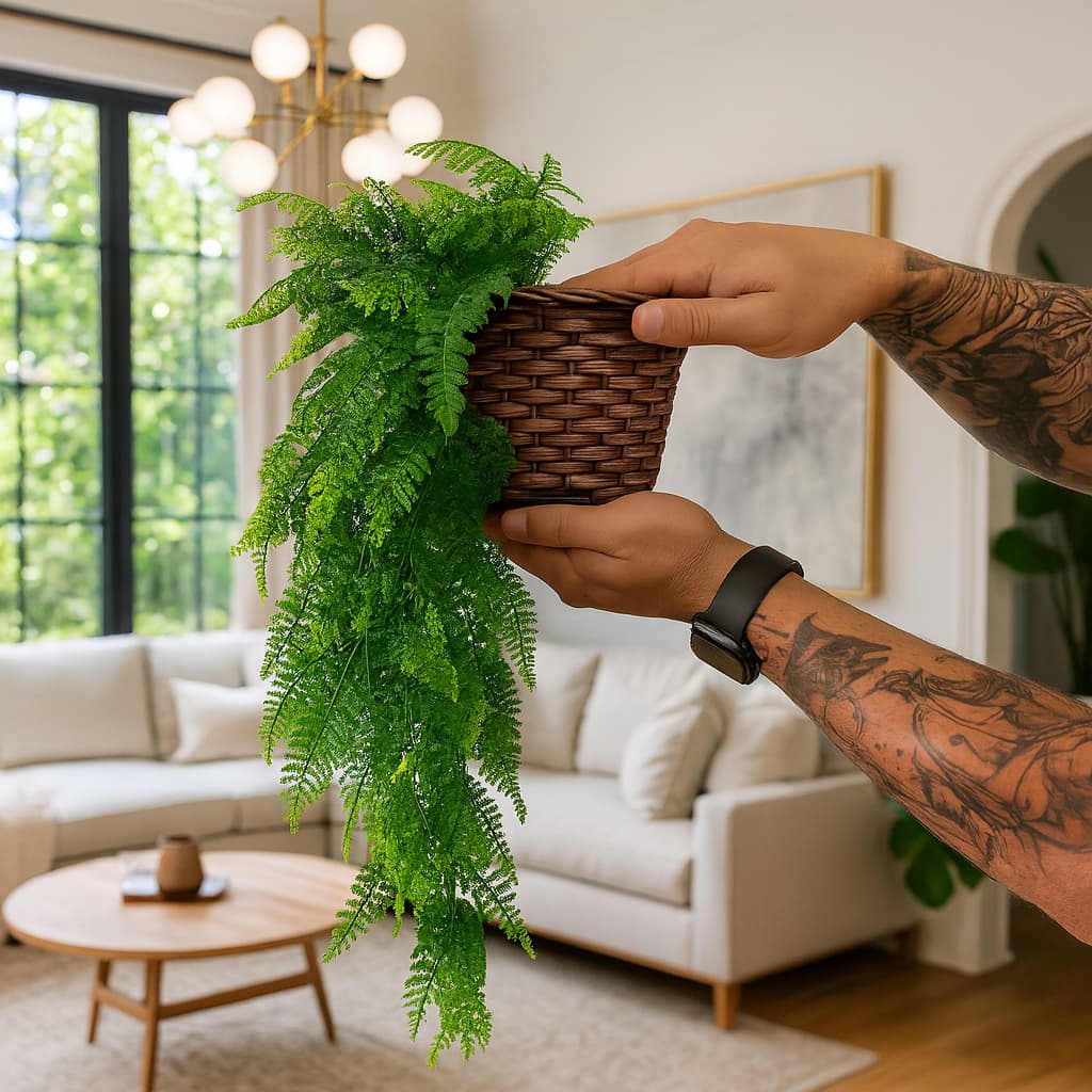 Kit Planta Decorativa: Vaso Trançado Marrom + 1 Pendente Artificial Folhas De Samambaias