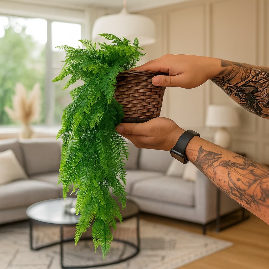 Planta Decorativa: Vasos Trançado Marrom + Pendentes Artificial Folhas De Samambaias