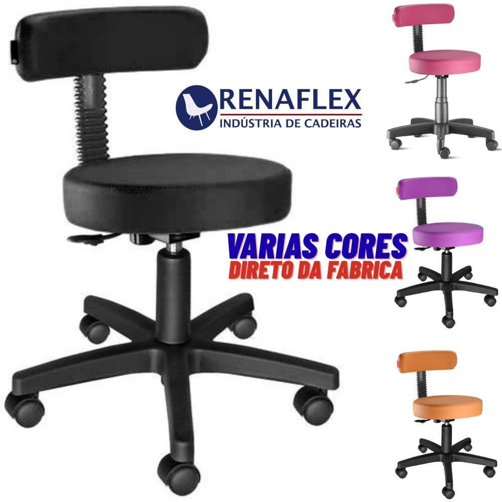 Cadeira Mocho Podologo  C/ Encosto Giratório Estética Massagista e Tatuador, Corano Preto direto da Fábrica