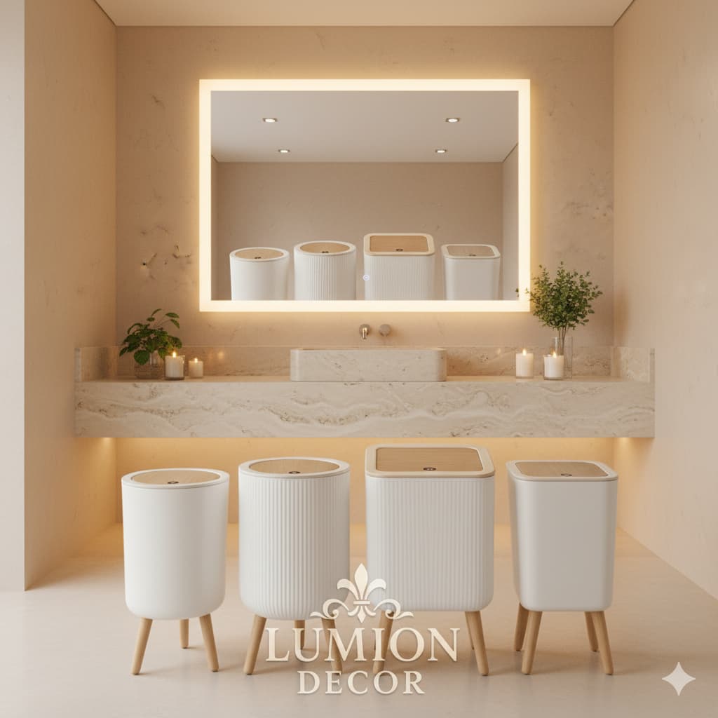 Lixeira de Luxo com Tampa click e Pés Estilo Amadeirados — Design Elegante para Banheiros e Lavabos