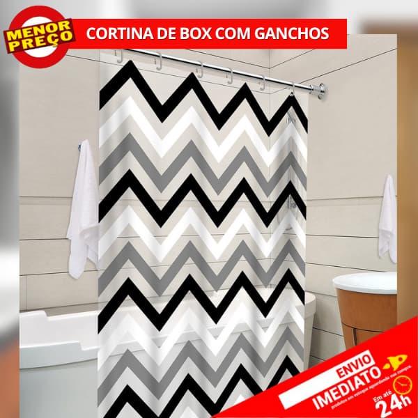 Cortina de Box Zig Zag Preto e Branco c/ Gancho
