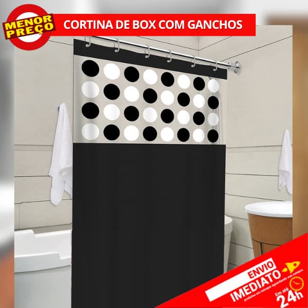 Cortina de Box Preta Visor Balls Preta/Branco c/ Gancho