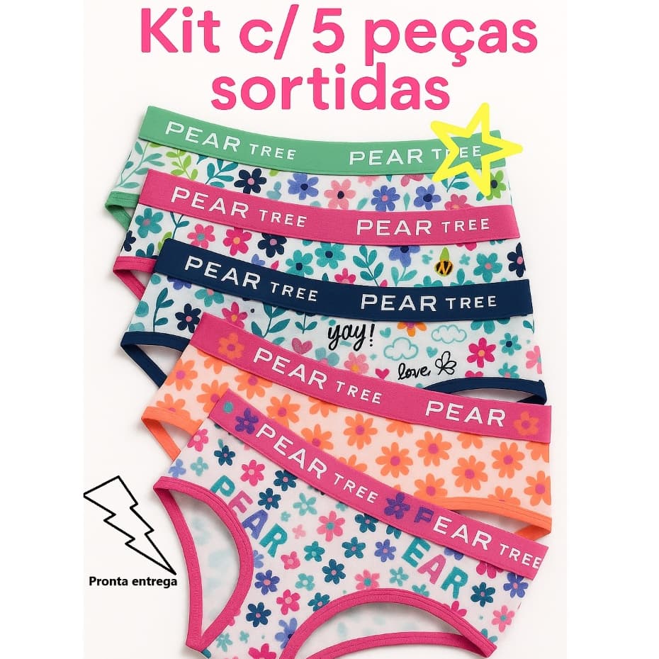Kit 5 Calcinha Infantil Algodão para Meninas Juvenil Cotton