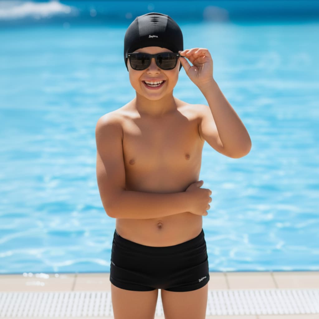 Kit Sunga Boxer Infantil e Juvenil Com Touca Natação Tecido Cobre Orelha 2 a 16 Anos Hidroginástica