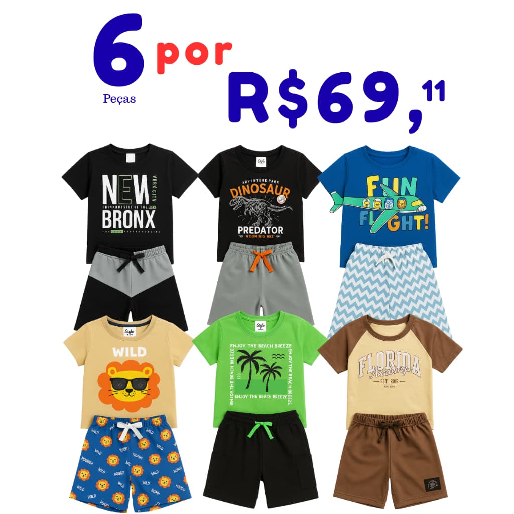 Kit 6 peças Infantil 3 Conjuntos Menino Verão Sortidos Algodão