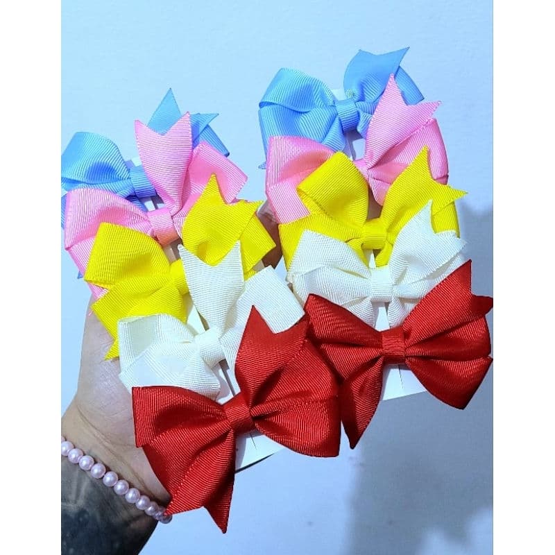 Kit 10 Laços (5 Pares), modelo catavento, na fita de gorgurão, presilha bico de pato/CORES SORTIDAS.