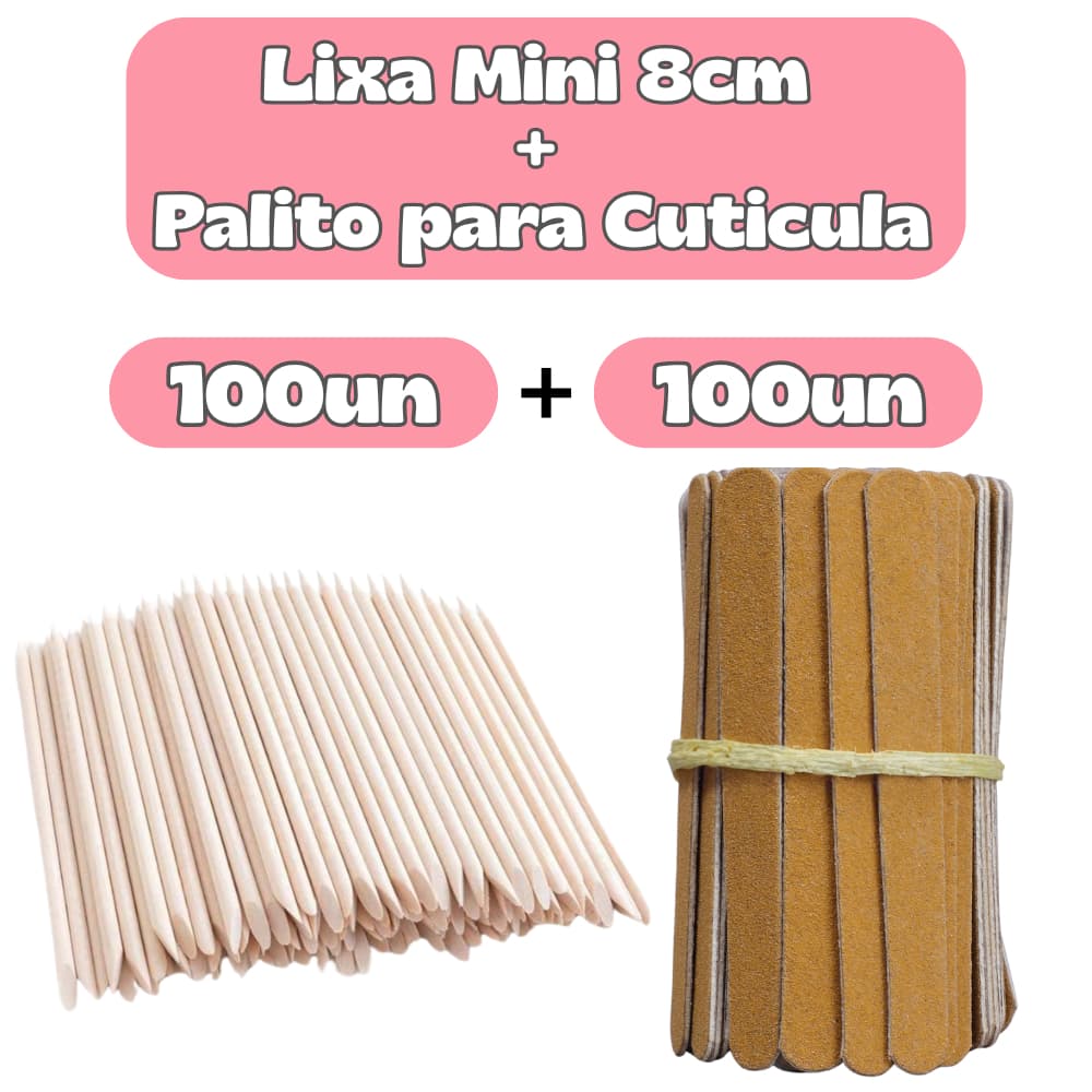 100 Mini Lixas Pardas + 100 Palitos Cutícula Higiene Salão Nail Design Manicure e Pedicure
