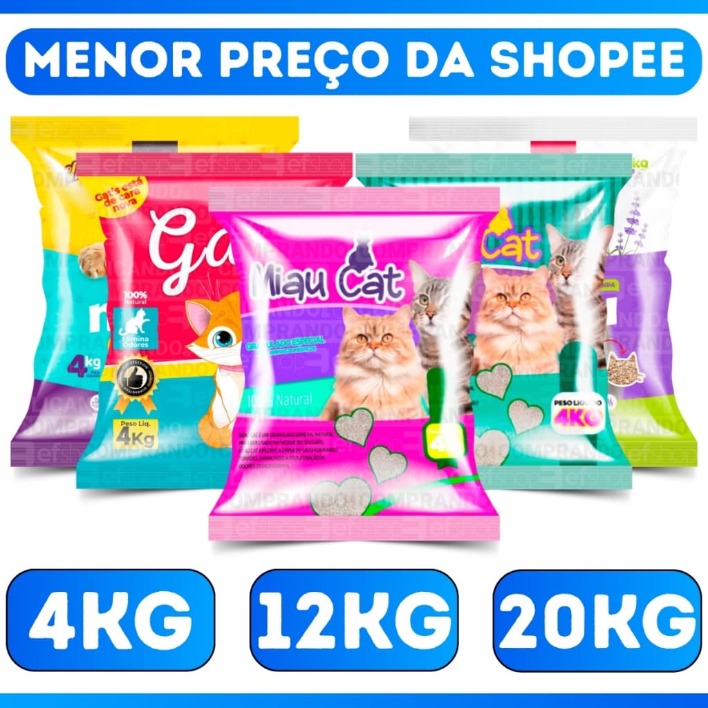 Kit *1, 3 ou 5* Pacotes de Areia Sanitária Antiodor Tira Cheiro Miaucat Gatos Tradicional 100% Natural