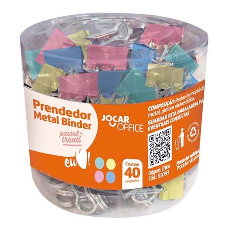 Prendedor de Papel Binder Colorido Pastel 19mm Jocar Office – Pote com 40 Unidades 🌈
