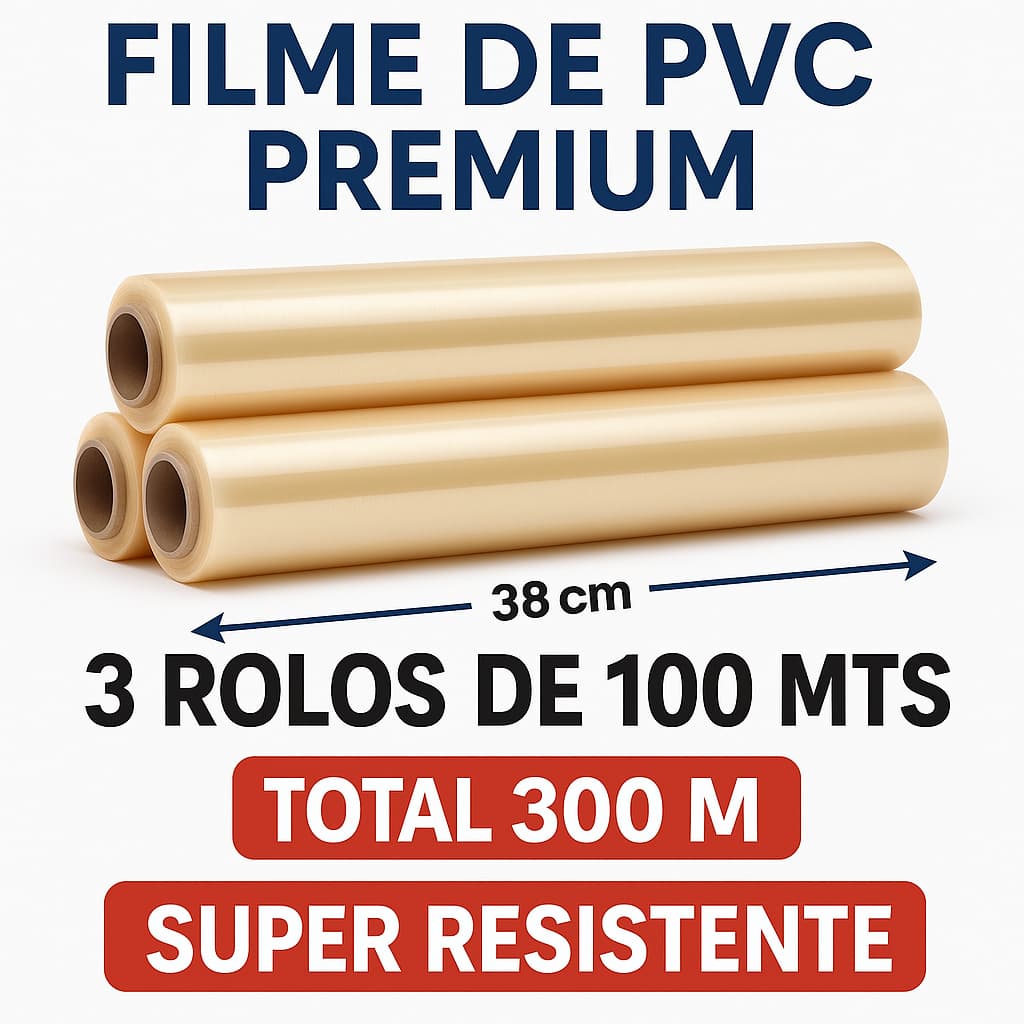 Kit Filme PVC - 03 Rolos Total - 300 mts – Super Resistente, Transparente