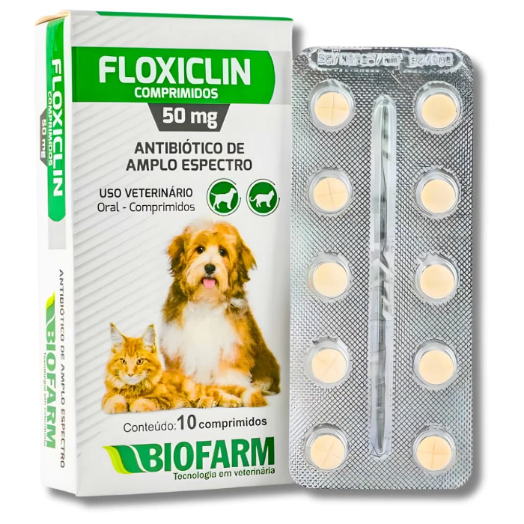 Antibiótico Floxiclin 50mg Para Cães e Gatos 10 Comprimidos Biofarm