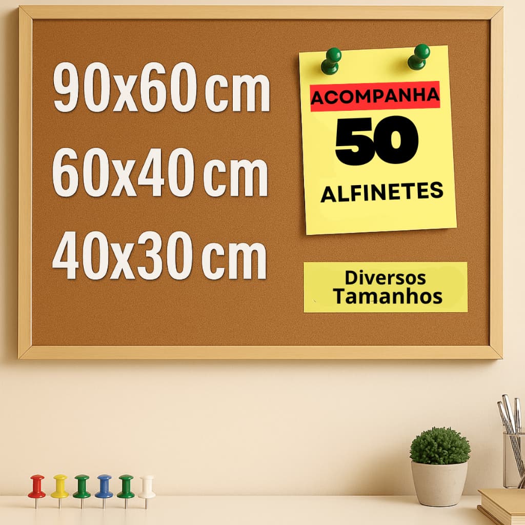 Quadro Lousa Cortiça Moldura Madeira Avisos Recados Quadro de Avisos Anotações Diversas Medidas
