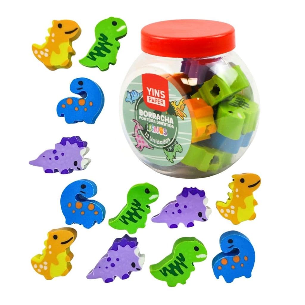 Pote 12 Borrachas Ponta de Lápis Bolas Futebol Basquete tenis Dinos Fazendinha