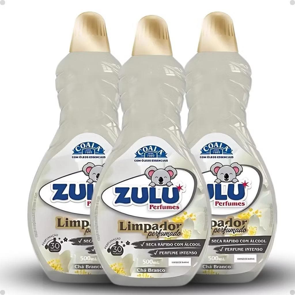 Kit 3 Limpador Perfumado Coala Zulu Chá Branco 500ml Multiuso Casa Limpa Cheiro Duradouro