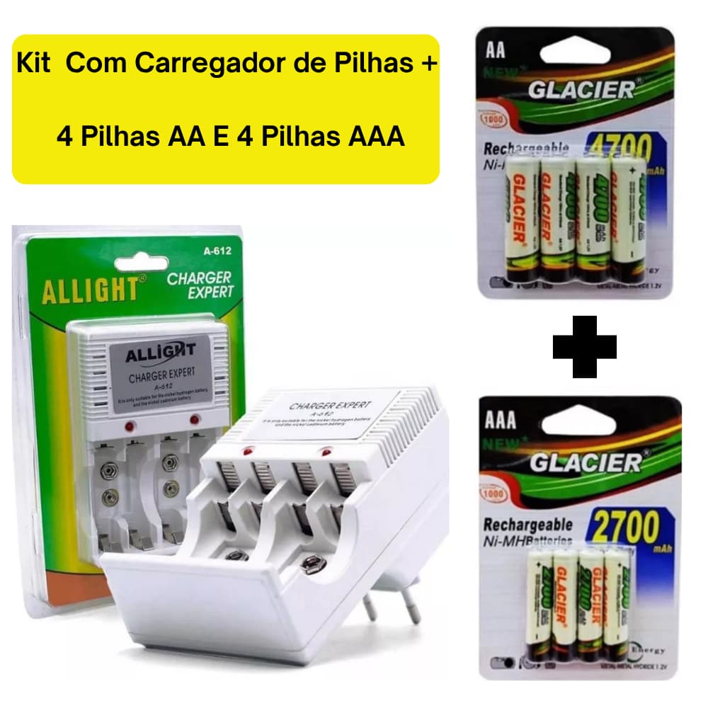 Kit Carregador De Pilhas + 4 Pilhas AA + 4 Pilhas AAA Bateria 9v Recarregáveis Controles Câmeras