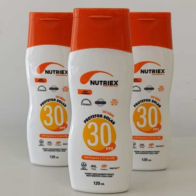 Protetor Solar FPS 30 Nutriex Frasco 120ml UVA UVB Resistente Água Pele Sensível Proteção Diária Sol