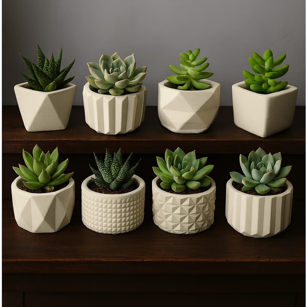 Kit Até 8 Unidades Vasinho Decorativo de Gesso Com Textura, Cactus e Plantas Artificiais.