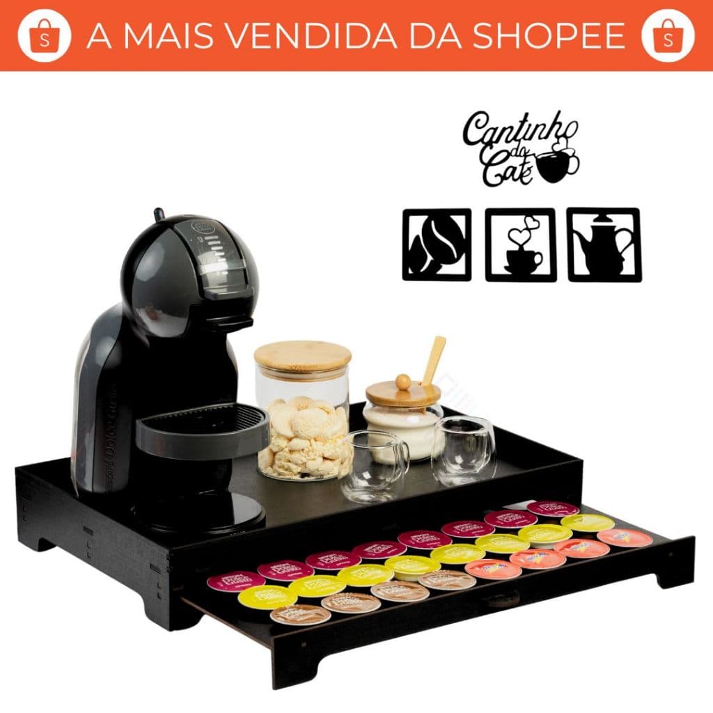 Bandeja Cantinho do Café com Gaveta 40 Cápsulas MDF Premium para Dolce Gusto, 3 Corações e Nespresso