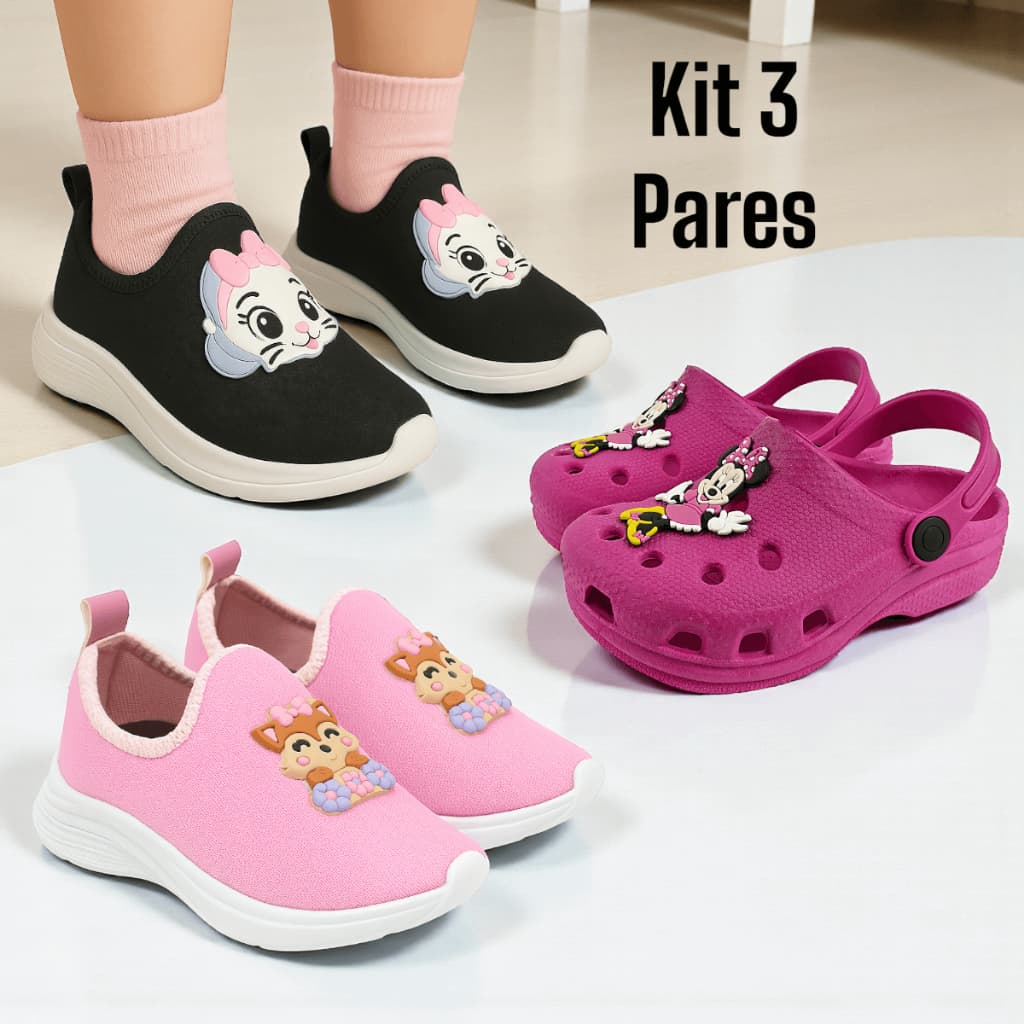 Kit 3 Pares Tênis Infantil Menina Confortável e Sandália Delicada Macia