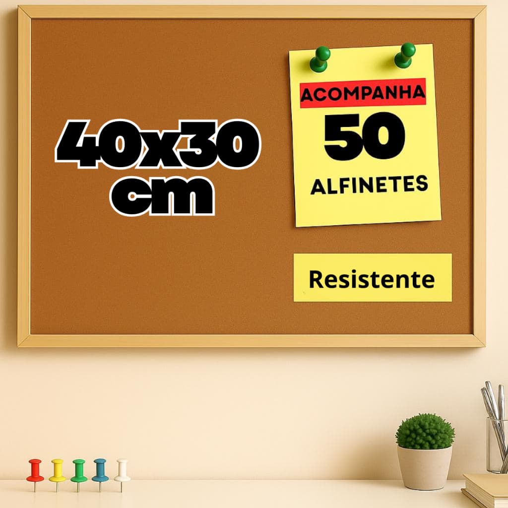 Quadro De Aviso Cortiça Moldura Madeira 40x30cm + 50 Alfinetes Mural Fotos Lembretes