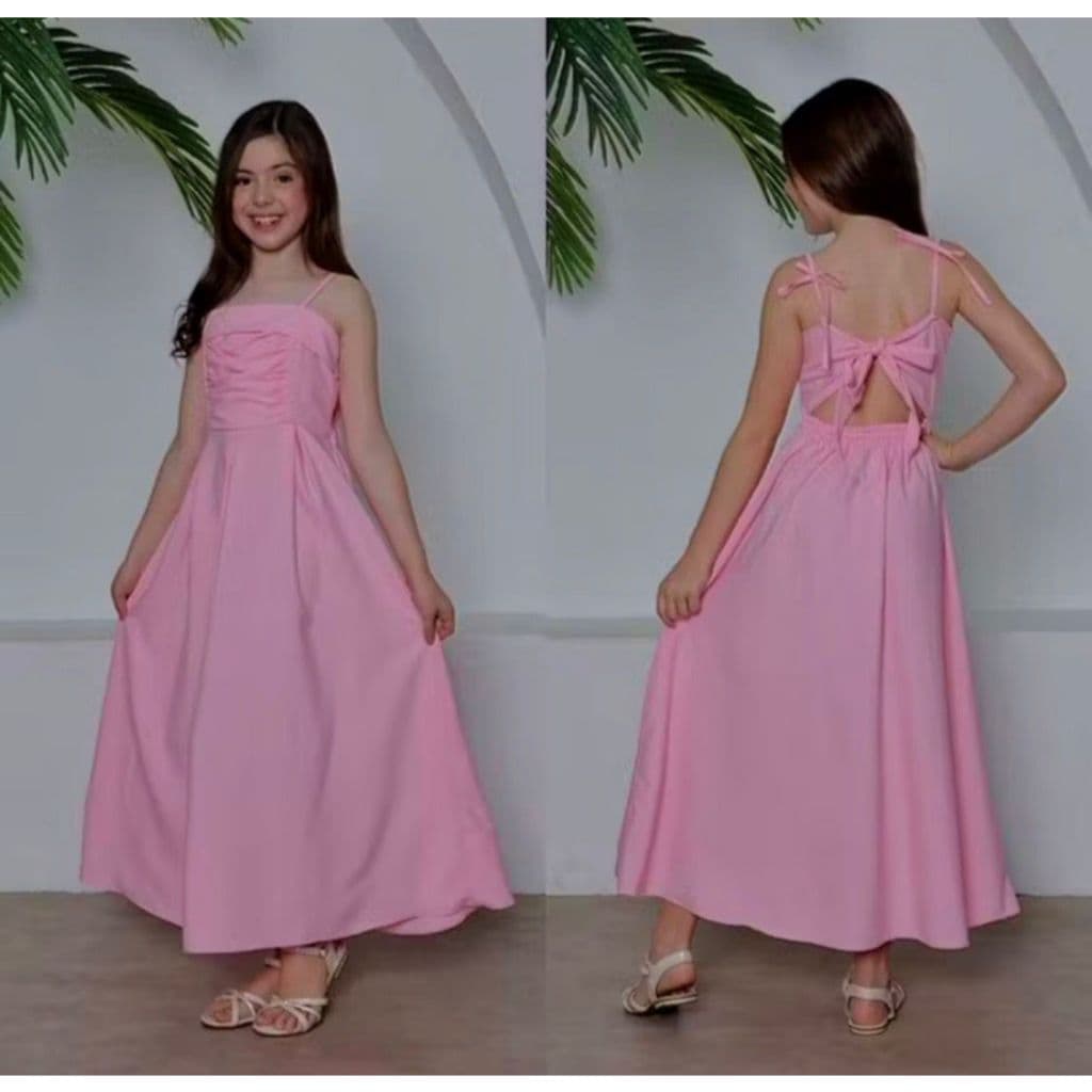 VESTIDO LONGO INFANTIL MENINA JUVENIL LISO ALCINHA DE AMARRAR REGATA FRANZIDO