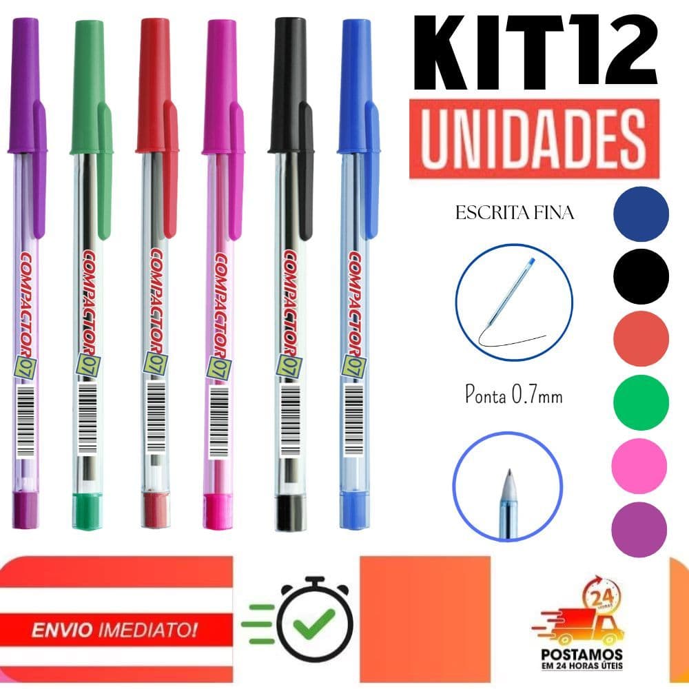 Kit 12 Caneta Compactor Esferográfica 0.7 - Azul , Preta , Vermelha , Verde , Rosa , Roxa / Papelaria - Material Escolar
