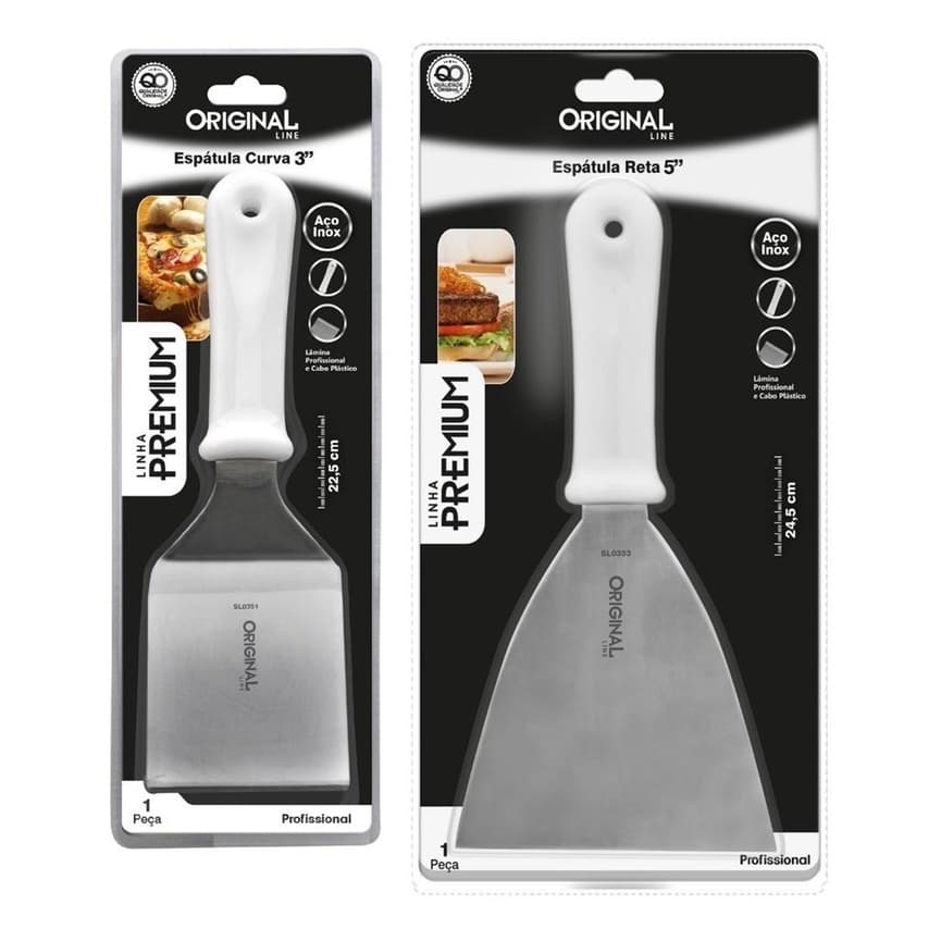Kit Com 2 Espátulas Em Inox Reta E Curva Original line Para Lanches Chapa Cozinha Chapeiro Lanchonete