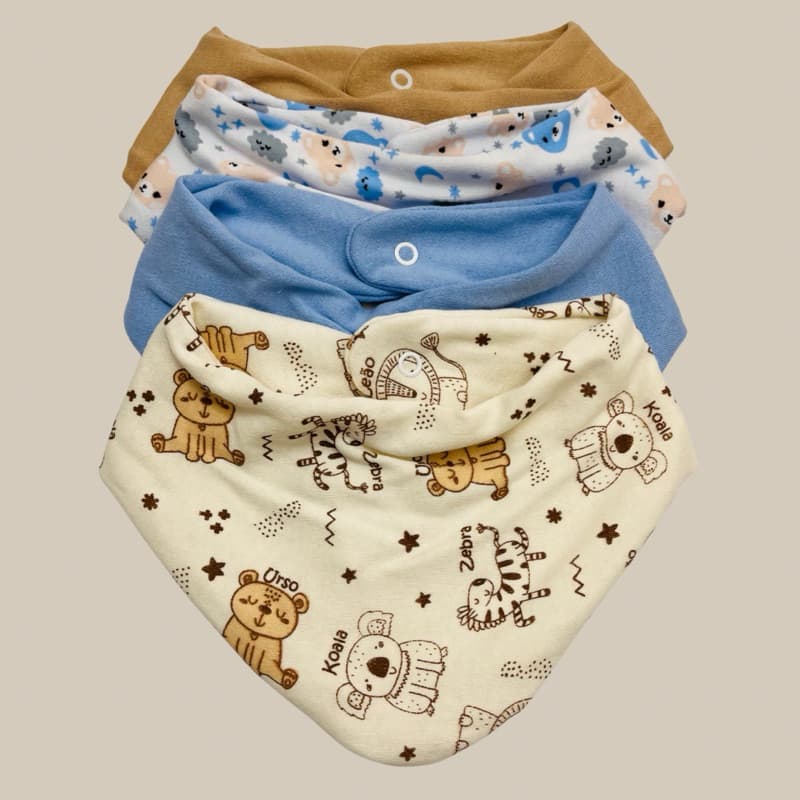 Kit Babador Bandana 5 Peças Estampado e Misto Bebê Tecido Duplo  Algodão Enxoval