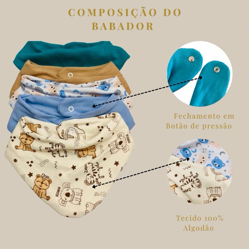 Kit 5 Babadores Bandana para Bebê Liso e Estampado Botão de Pressão 100% Algodão Confortável