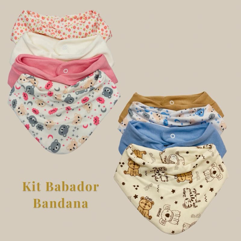 Kit com 5 Babador Bandana Bebê - Misto e Estampado Trcido Duplo Fecho de Pressão 100% Algodão