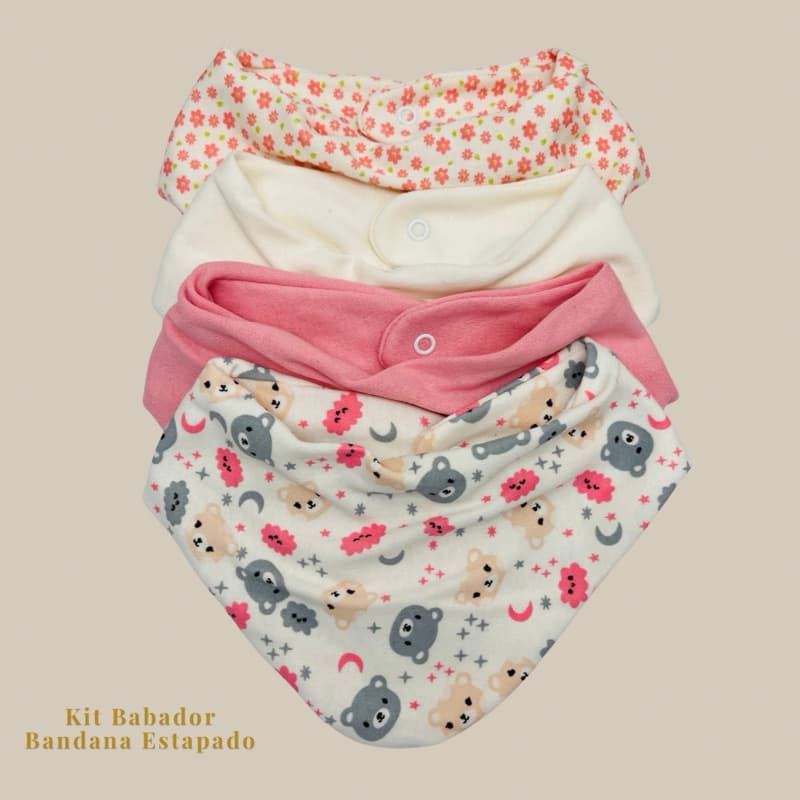 5 Bandana Babador Bebê Liso e Estampado Tecido Duplo 100% Algodão Confortável Estiloso