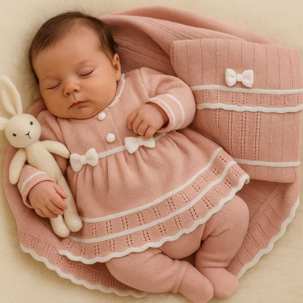 Saida Maternidade Menina em Tricô Vestido Calça e Manta Tricot Recém Nascido Bebê