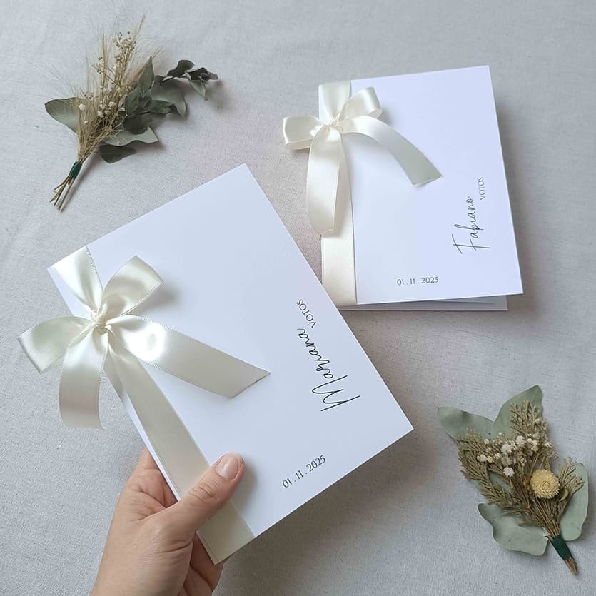 Par de Caderno de Votos dos Noivos de Casamento Personalizado Laço de Cetim - Nome Lateral e Data Minimalista
