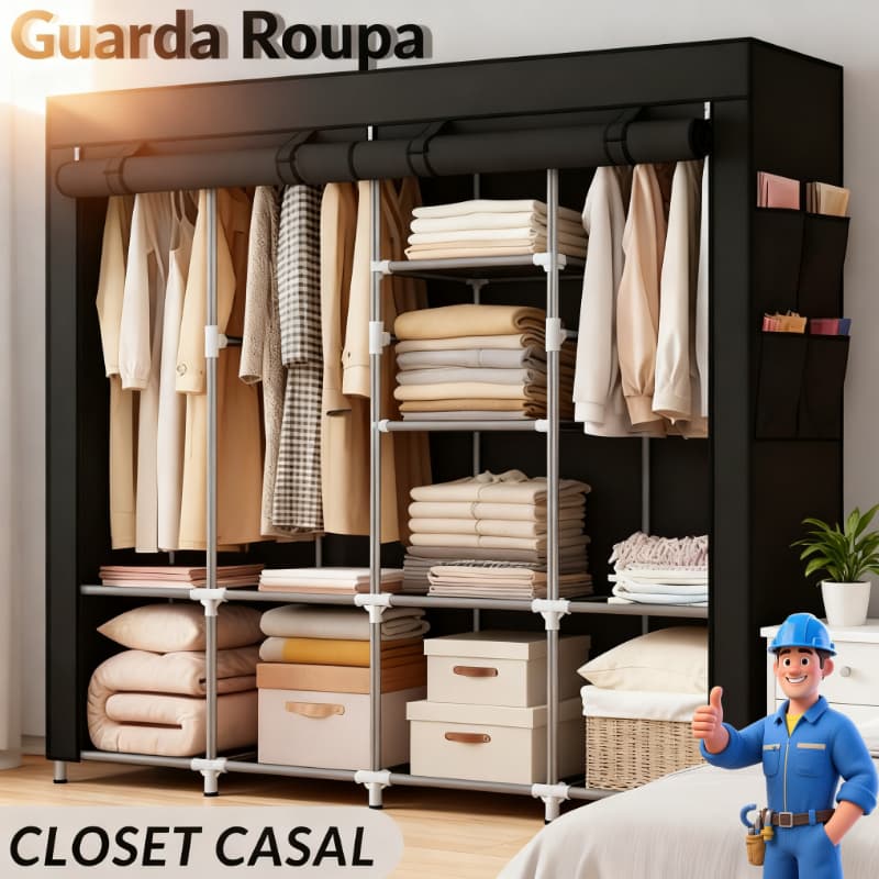 Guarda Roupa Dobrável Grande com 4 Divisórias e Cabideiro, Organizador de Roupas, Sapatos e Acessórios para Quarto​