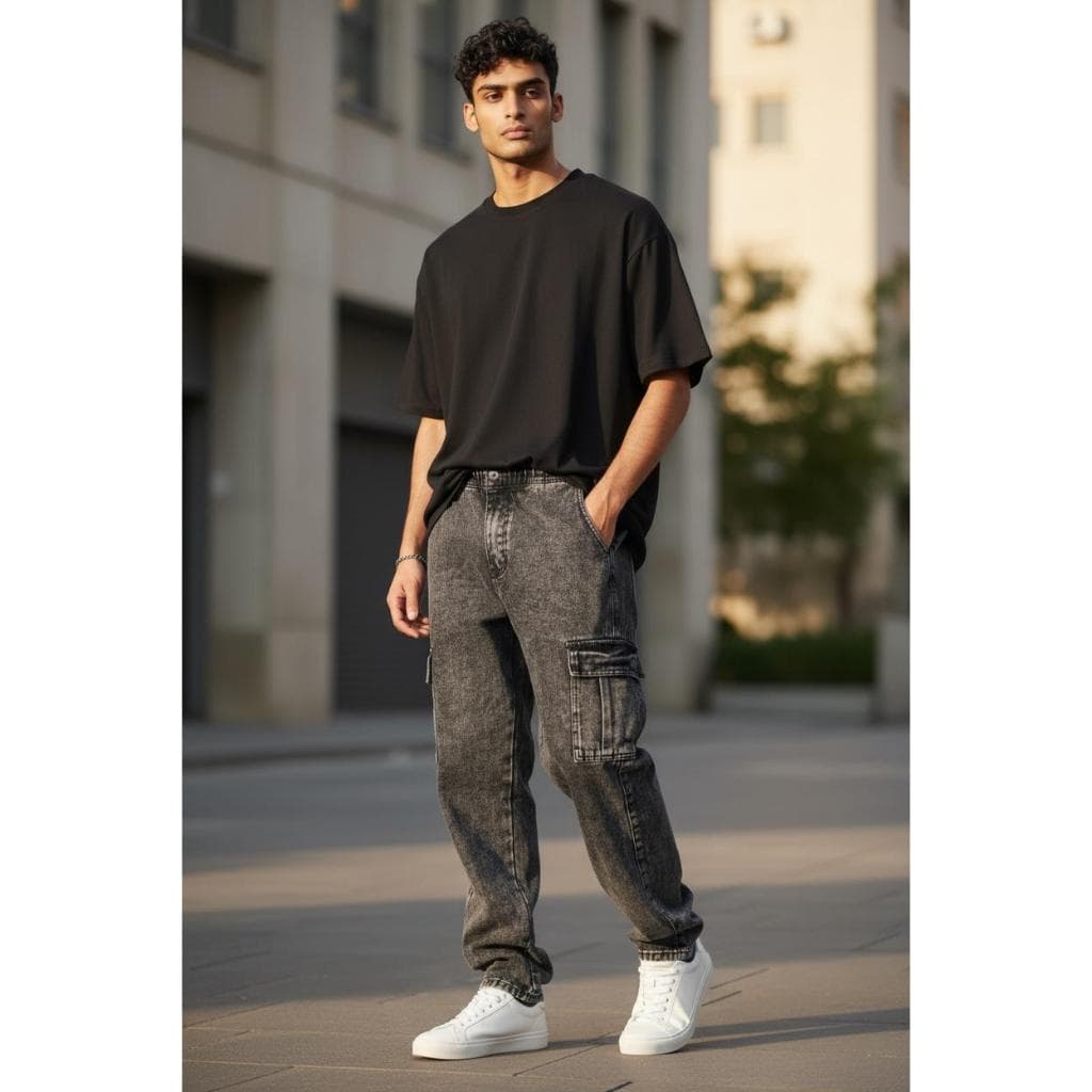 “Calça Cargo grafite Masculina Baggy Street – Bolsos Laterais + Cinza Marmorizado”