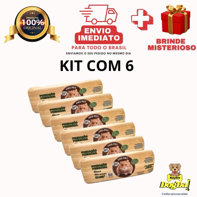 KIT COM 6 Serragem Prensada Fina Peneirada 800g - Para Gerbils, Ferrets, Chinchila, Hamsters, Porquinho-da-Índia