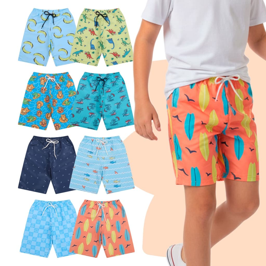 Kit 1, 3 ou 5 Shorts Tactel Sortidas Bermuda Juvenil Menino Infantil Masculino Moda Praia Verão Estampadas