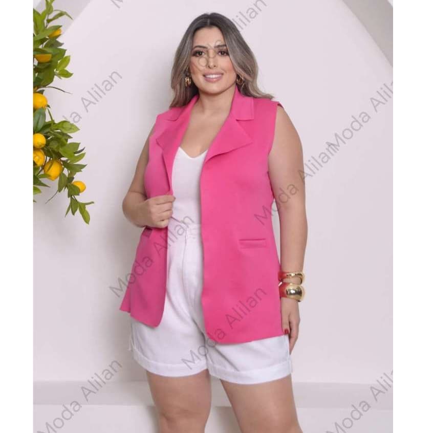 Colete Feminino Longo De Neoprene Moda Com Bolso Falso！