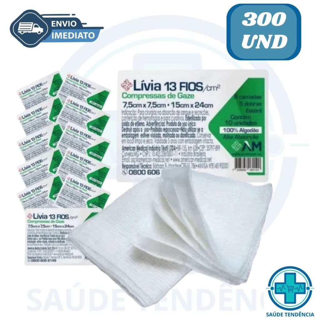 Kit 300 Unidades Compressa Gaze Estéril 13 Fios 7,5x7,5 30 Pacotes Livia
