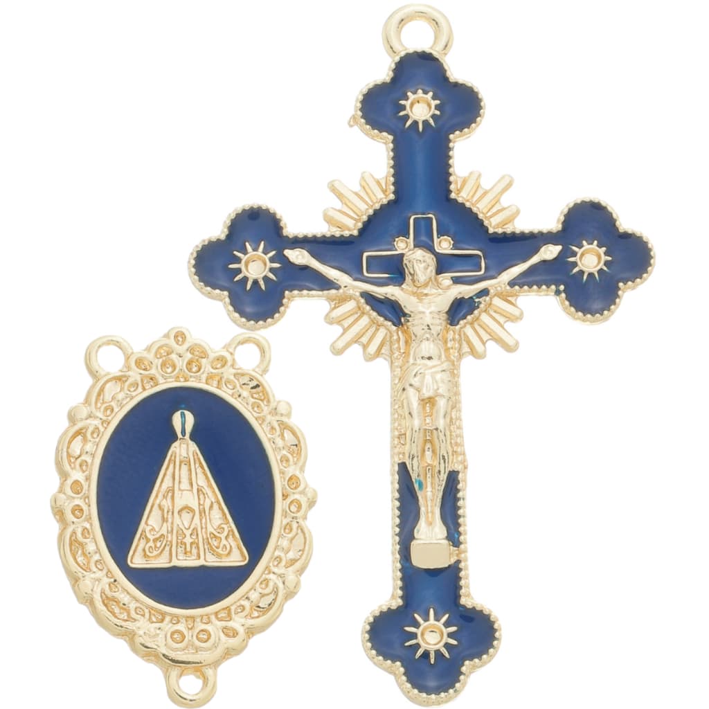 Pingente Cruz Jesus Resinado + Entremeio Nossa Senhora Aparecida Para Terço Dourado Cataforético